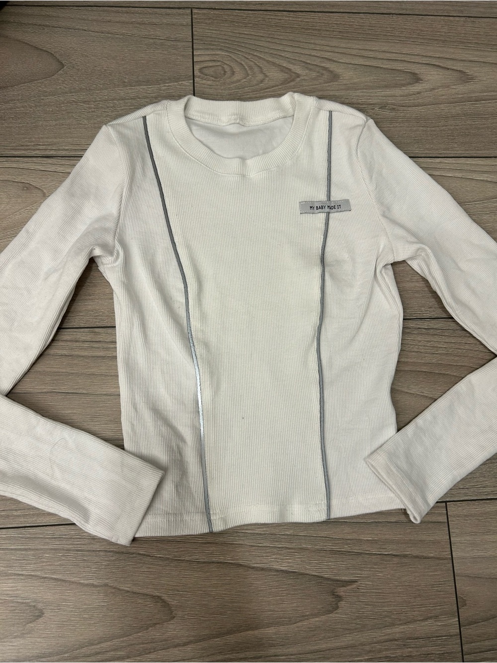 White Ribbed Long Sleeve Top with Silver Trim